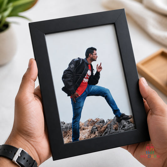 5x7 black photo frame displaying a personalized portrait photo, ideal for home décor and gifting