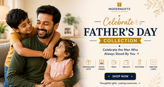 Father's Day Collection Banner featuring a father with his son and daughter alongside personalized gifts, photo frames, mugs, wallets, keychains, and greeting cards from Modern Gifts