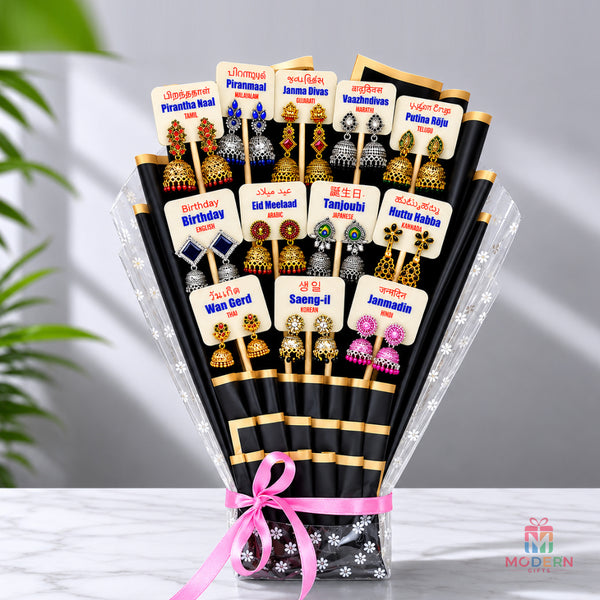 Unique birthday bouquet with earrings and glowing birthday messages
