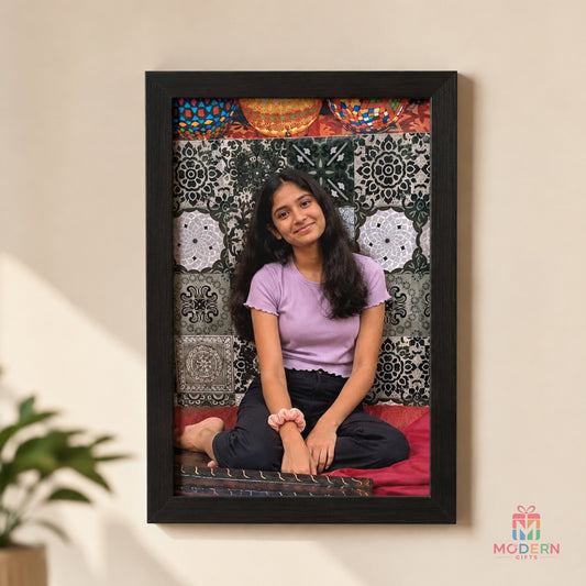 A4 black photo frame displaying a personalized portrait photo, with 23 x 33 cm frame size, perfect for home décor and gifting