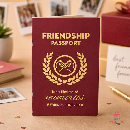 Personalized Friendship Passport Booklet with Friends Forever Design and Golden Handshake Logo