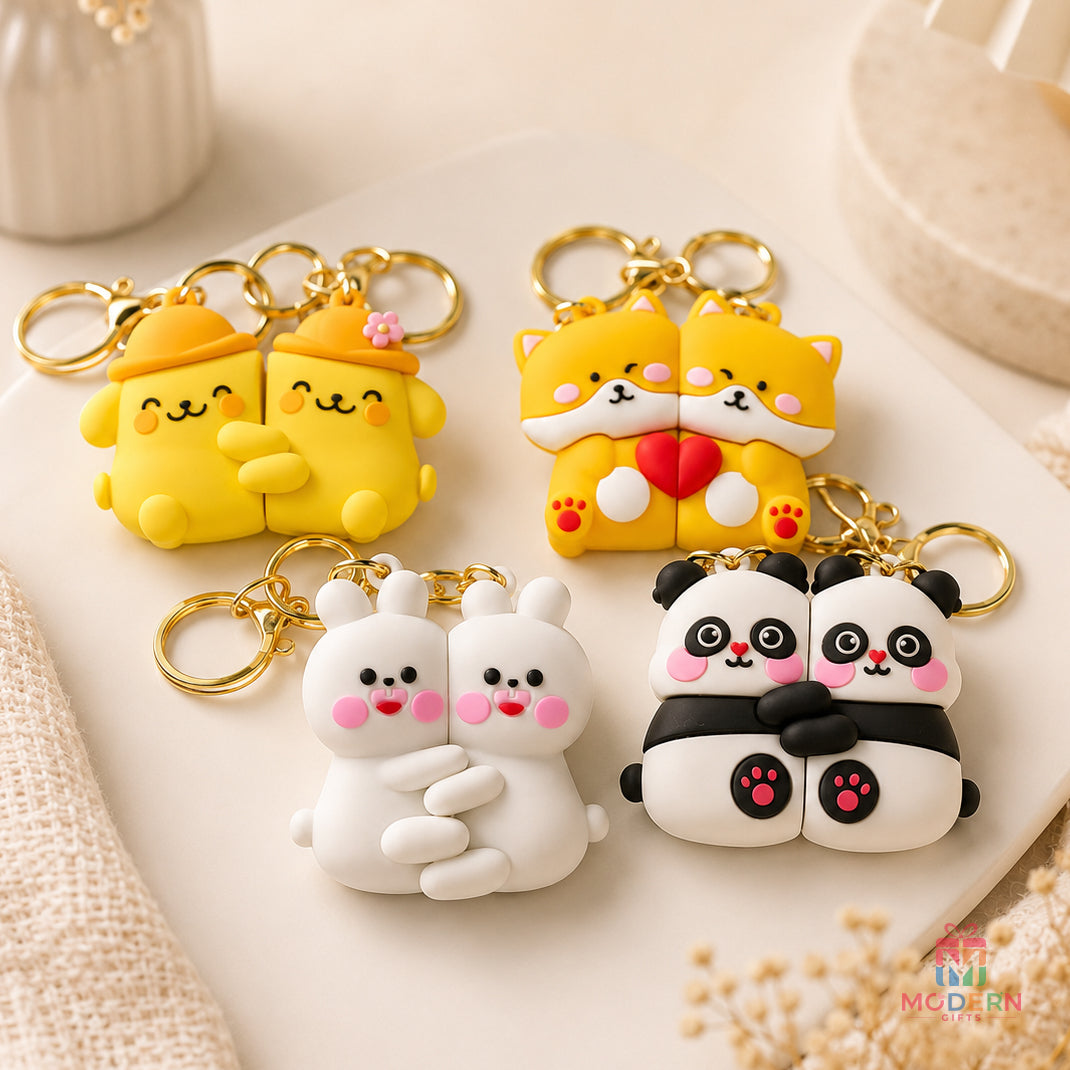 Couple magnetic keychain set with cute matching animal characters
