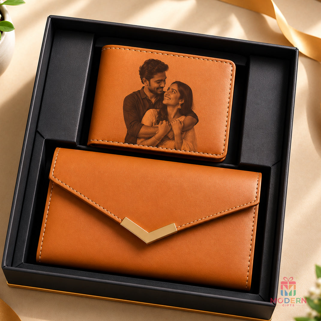 Personalized couple wallet with engraved couple photo and tan wallet design