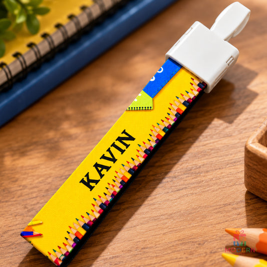 Personalized school tag with custom name and colorful pencil-themed design for kids
