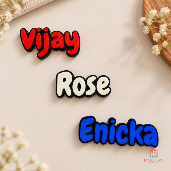 Personalized 3D name magnets in colorful letters displayed on a refrigerator