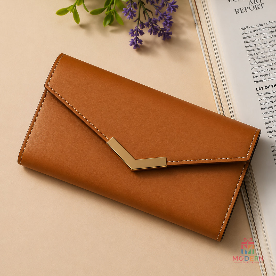 Personalized brown long wallet with elegant flap closure and stylish design for men.