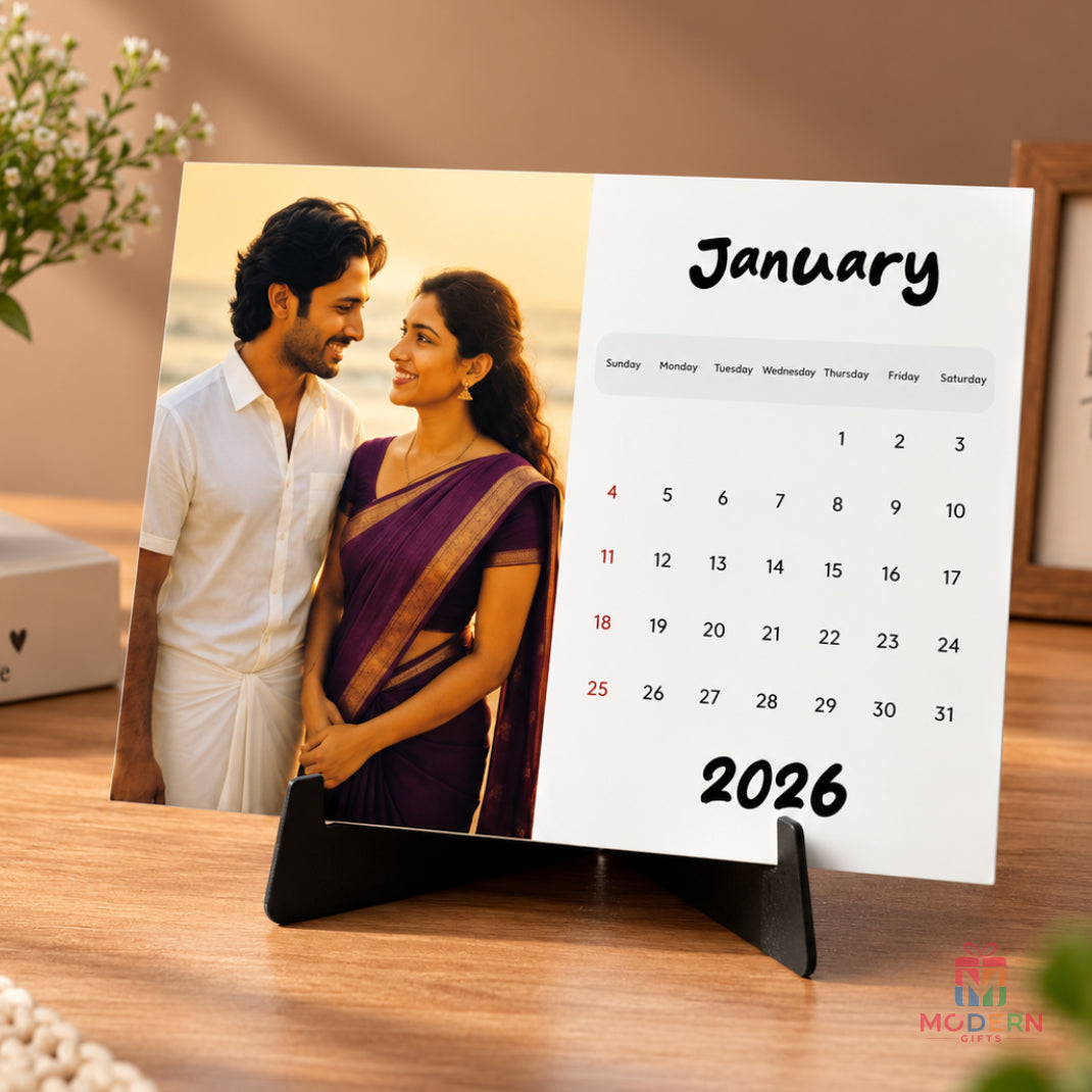 Personalized desk calendar with couple photo and monthly 2026 calendar on black acrylic stand