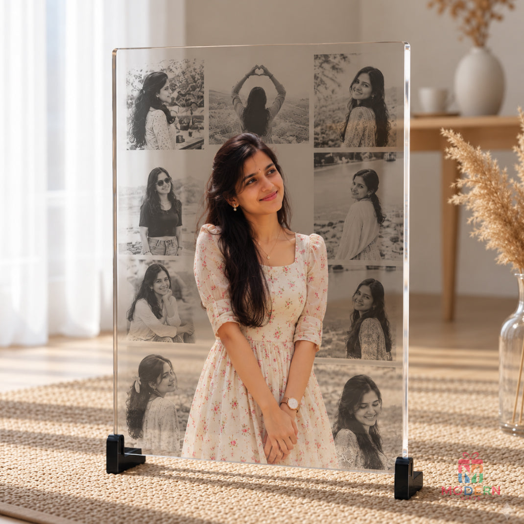 Personalized acrylic photo collage frame featuring multiple memories with a central portrait photo and tabletop stand