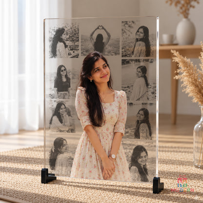 Personalized acrylic photo collage frame featuring multiple memories with a central portrait photo and tabletop stand