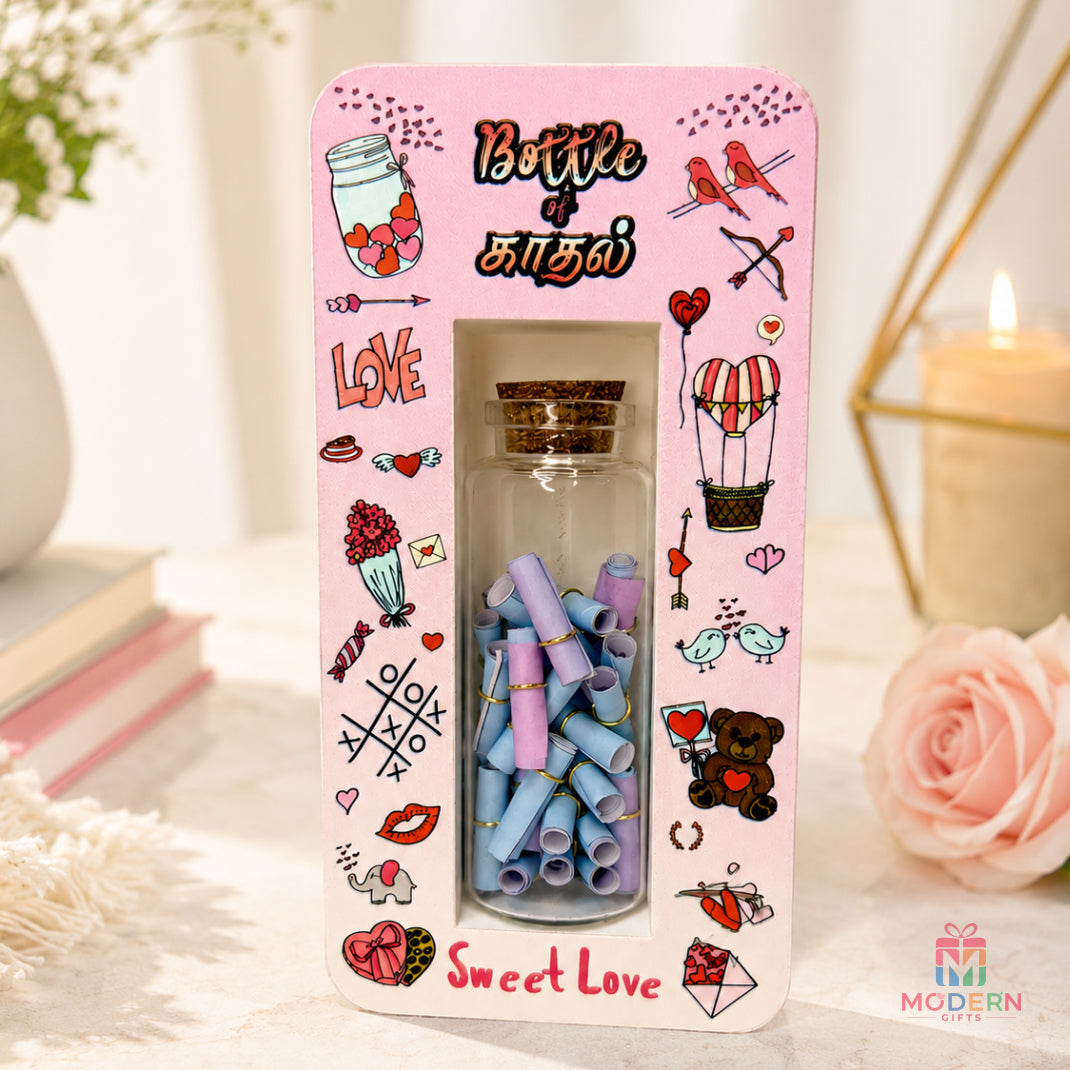 Personalized Bottle of Love gift with colorful message scrolls, romantic illustrations and decorative keepsake packaging