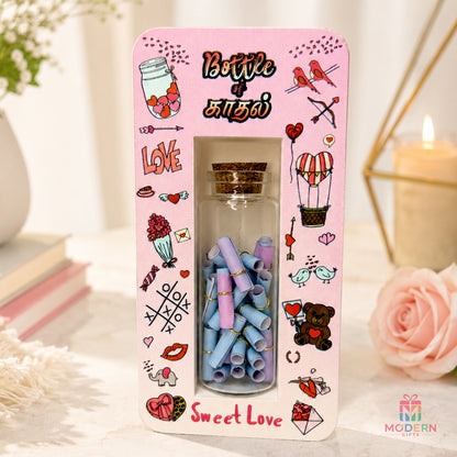 Personalized Bottle of Love gift with colorful message scrolls, romantic illustrations and decorative keepsake packaging