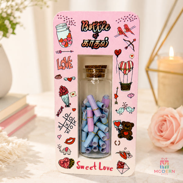 Personalized Bottle of Love gift with colorful message scrolls, romantic illustrations and decorative keepsake packaging