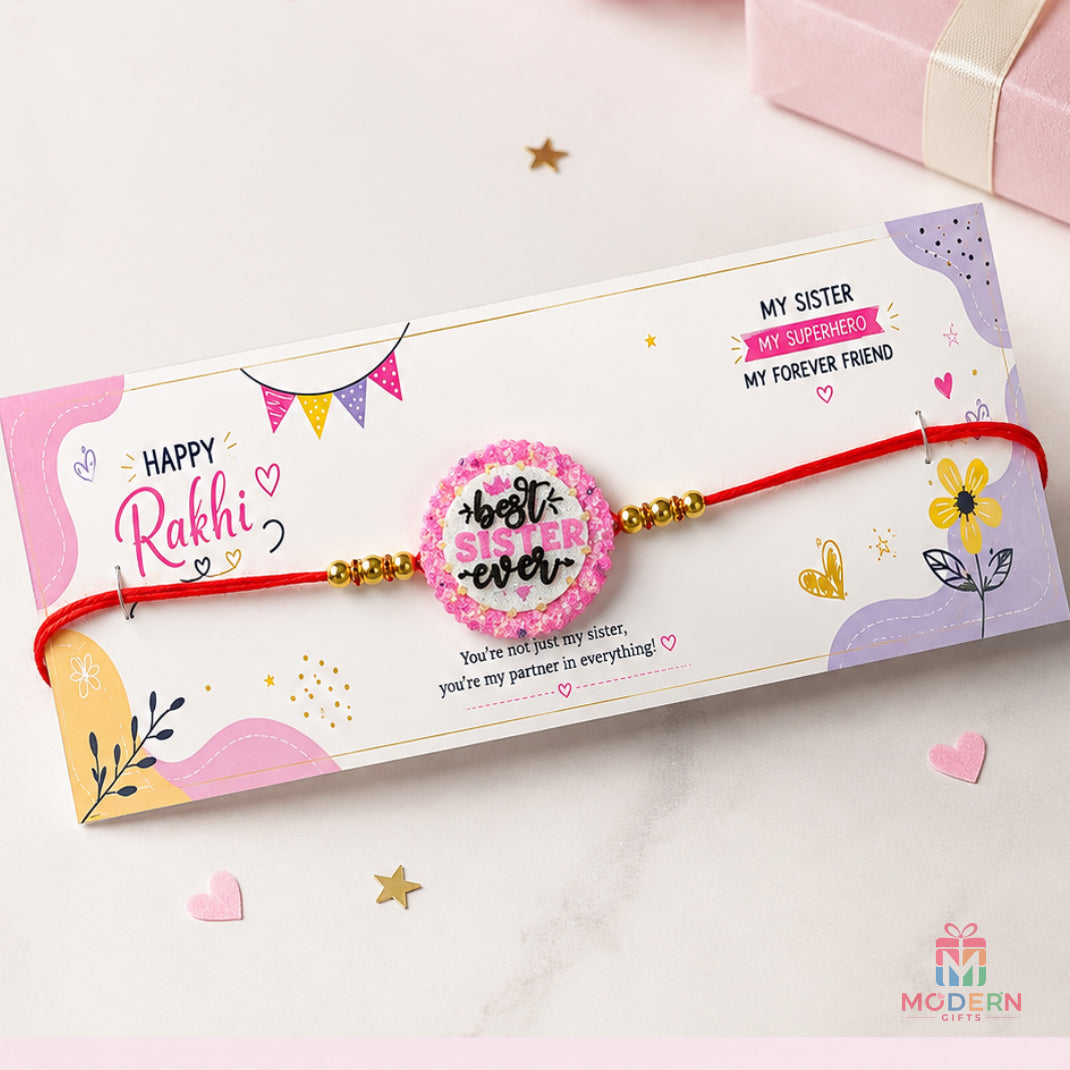 Sister Rakhi greeting card with colourful Raksha Bandhan design and decorative Rakhi