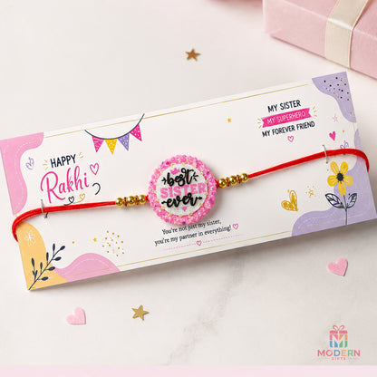 Sister Rakhi greeting card with colourful Raksha Bandhan design and decorative Rakhi