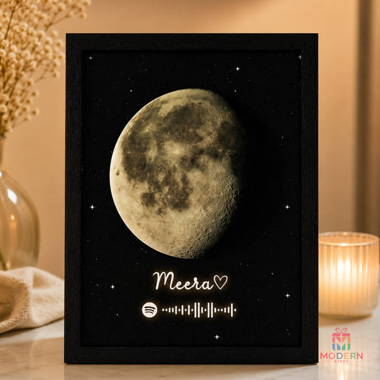 Personalized Glow Moon Spotify Photo Frame with Custom Name and Scannable Music Code.