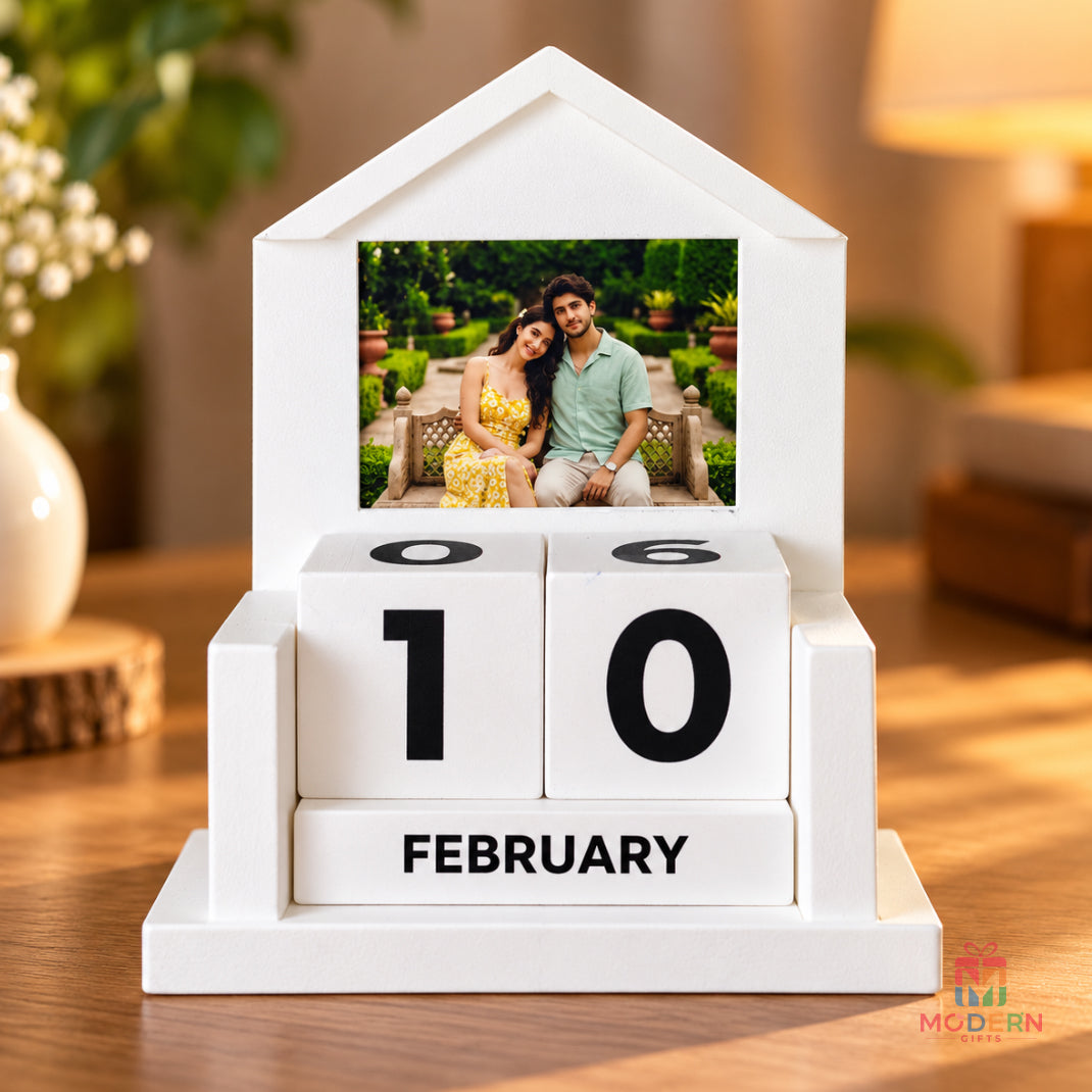 Home Cube Calendar Stand with personalized couple photo and movable date cubes