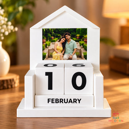 Home Cube Calendar Stand with personalized couple photo and movable date cubes