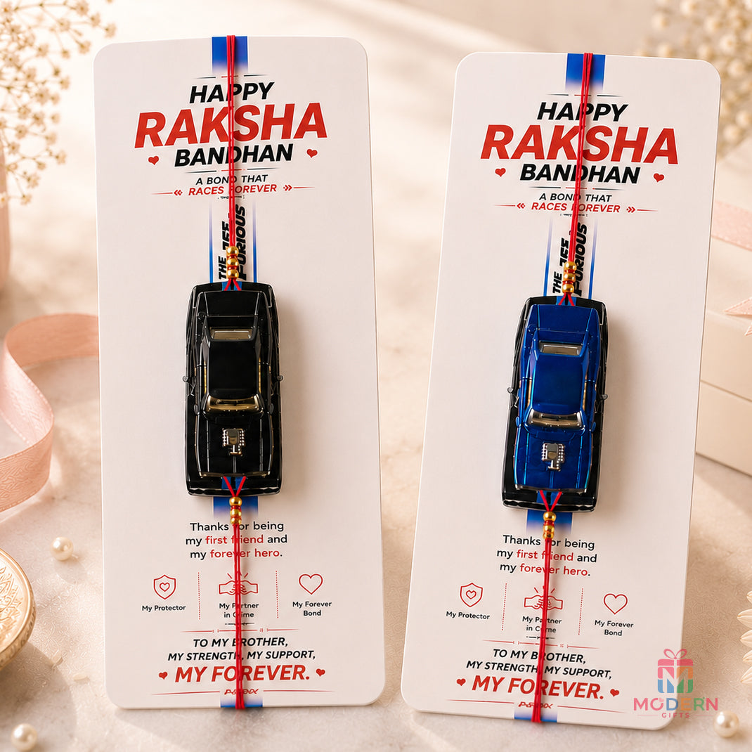 Raksha Bandhan car keychain gift for brother with decorative Rakhi thread and heartfelt brother message