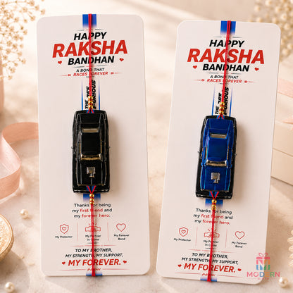 Raksha Bandhan car keychain gift for brother with decorative Rakhi thread and heartfelt brother message