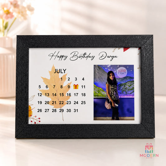Personalized birthday calendar photo frame with custom name Durga, photo, and highlighted birthday date in an elegant black frame