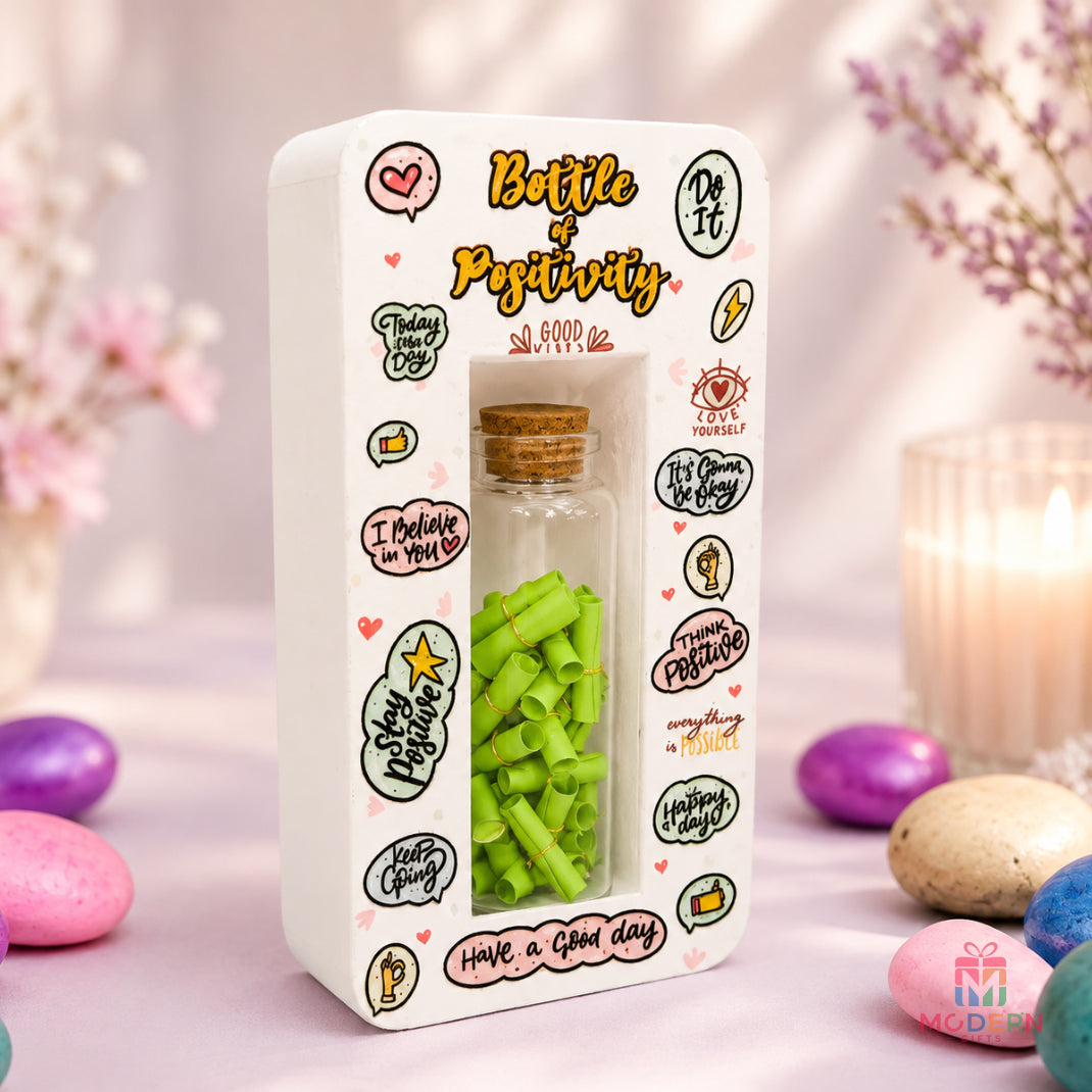 Bottle of Positivity gift filled with motivational message notes in a colorful decorative gift box