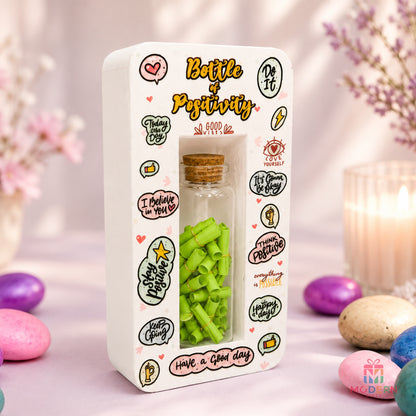 Bottle of Positivity gift filled with motivational message notes in a colorful decorative gift box