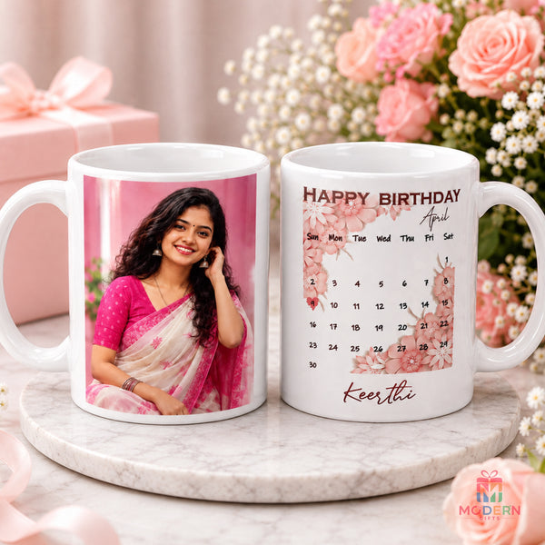 Personalized birthday photo mug featuring a custom photo, name and birthday calendar design