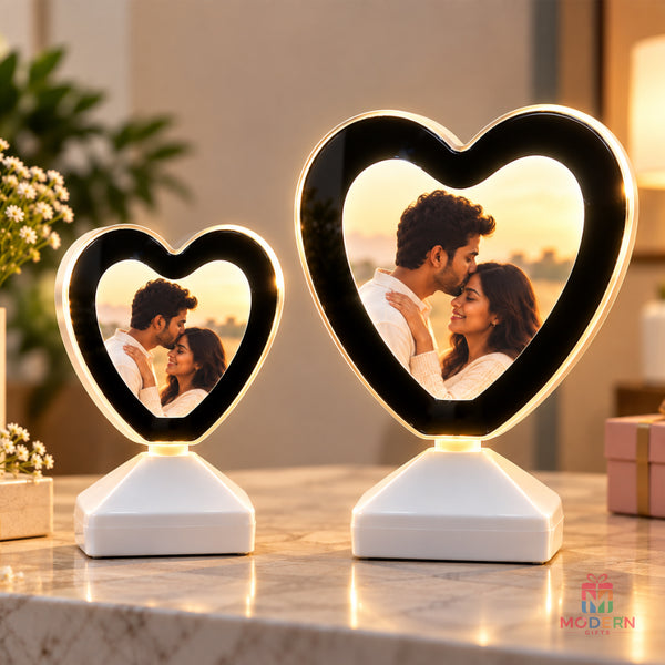 Personalized Magical Mirror Heart LED photo lamp in small and large sizes with a couple photo