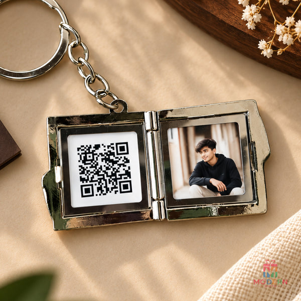 Personalized Secret Voice Metal Keychain with photo and QR code for sharing a special voice message
