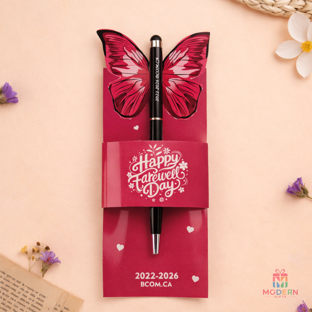 Customized butterfly farewell pen with personalized name and farewell card holder