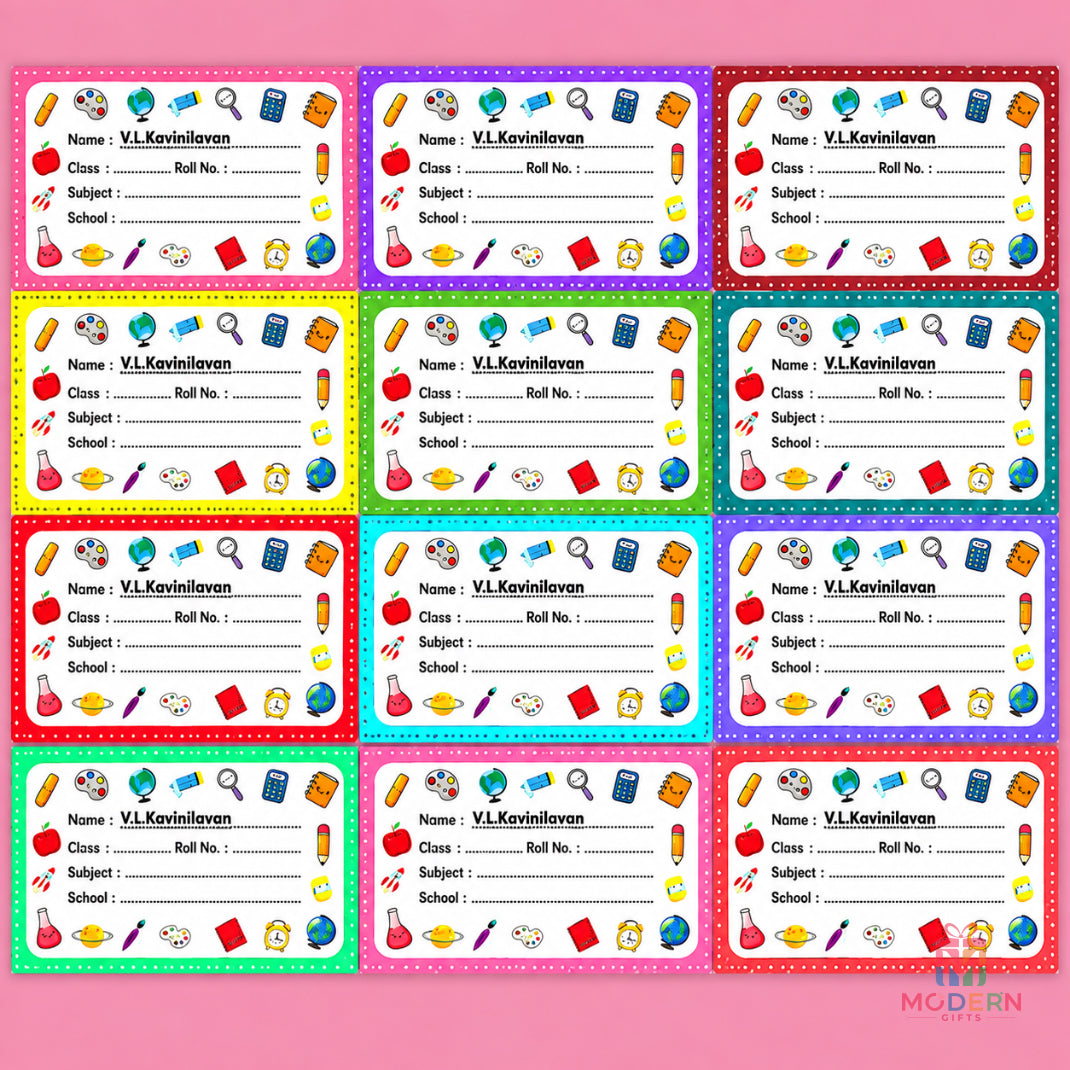 Personalized kids name labels for school notebooks, books and stationery with colorful educational designs