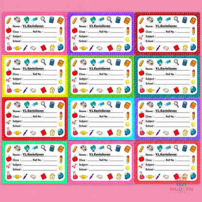 Personalized kids name labels for school notebooks, books and stationery with colorful educational designs