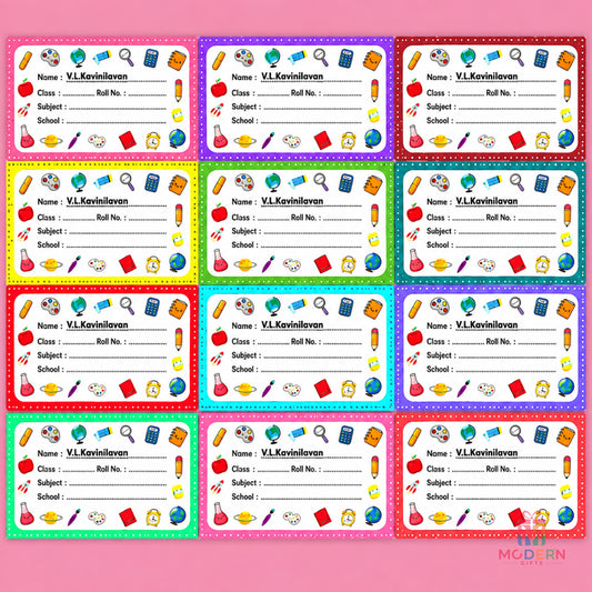 Personalized kids name labels for school notebooks, books and stationery with colorful educational designs