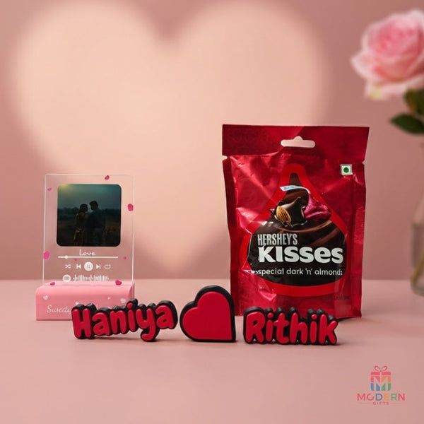 Personalized couple name magnet gift combo with heart magnet, Spotify photo stand, and Hershey's Kisses chocolates