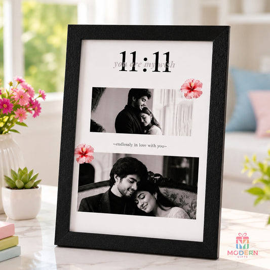 Personalized 11:11 couple photo frame with romantic photos and black frame