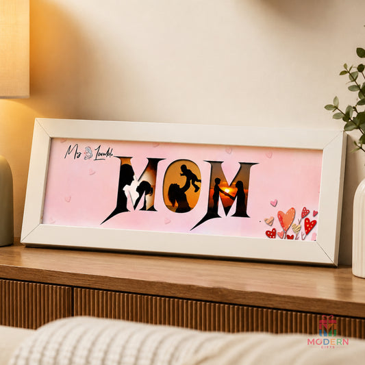 Personalized MOM frame with a beautiful silhouette design and pink background, perfect gift for Mom.
