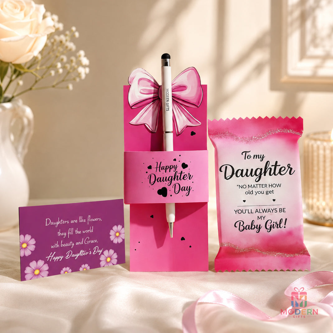 Daughter’s Day gift combo with personalized pen, chocolate and daughter greeting card
