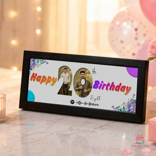 Personalized 20th birthday photo frame with custom photos, name and Spotify music code, perfect birthday gift