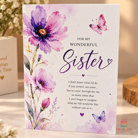 To My Sister personalized greeting card with purple floral and butterfly design and heartfelt sisterhood message