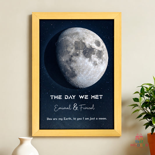 Personalized The Day We Met moon phase frame with custom couple names, romantic quote and celestial design