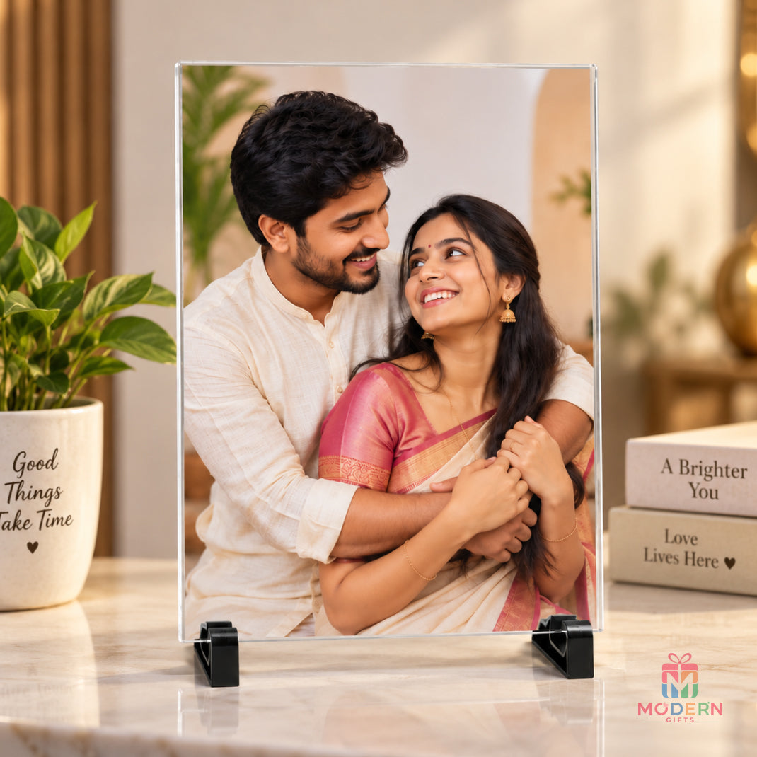 A5 personalized acrylic photo frame displaying a couple photo, with a clear finish and elegant tabletop stand