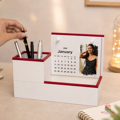 Personalized desk calendar with custom photo cards and built-in pen holder