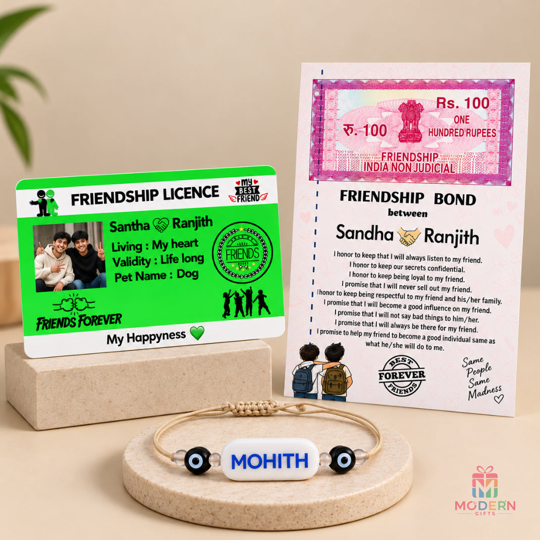 Personalized Friendship License and Friendship Bond with Custom Name Bracelet Gift Combo for Best Friends