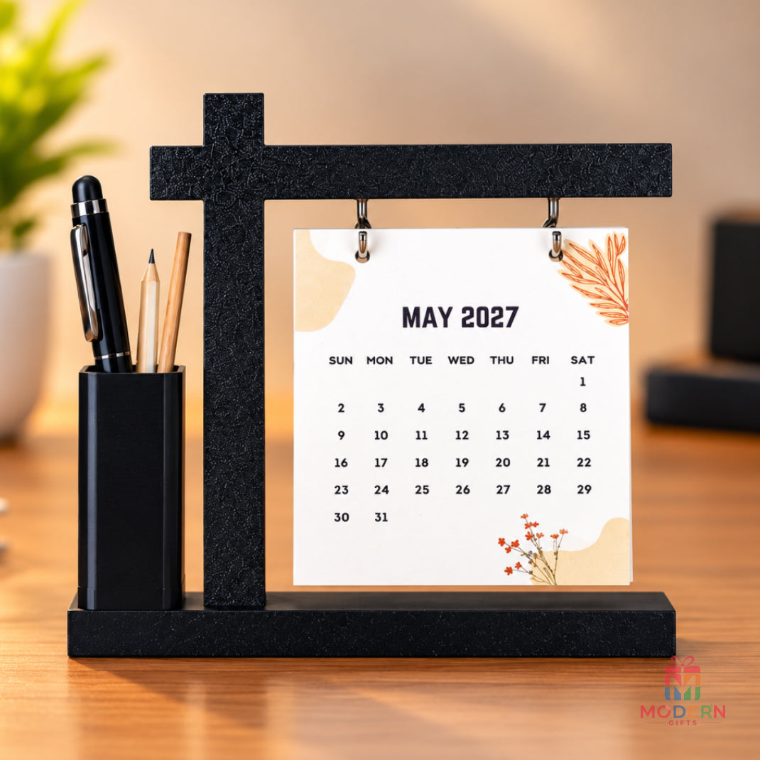 Hangar calendar pen stand with monthly calendar and built-in pen holder