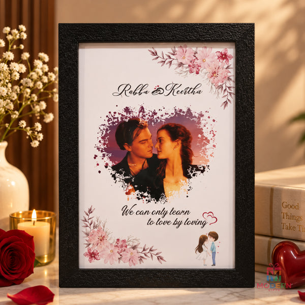 Personalized Heart Splash Frame with Couple Photo, Custom Names, Floral Design and Romantic Love Quote