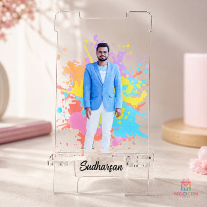 Personalized acrylic mobile stand with custom name and colorful photo design, perfect for desk décor and gifting