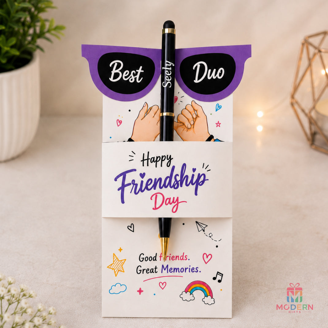 Best Duo Friendship Day pen gift with black pen and colourful friendship greeting card for best friends.