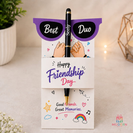 Best Duo Friendship Day pen gift with black pen and colourful friendship greeting card for best friends.