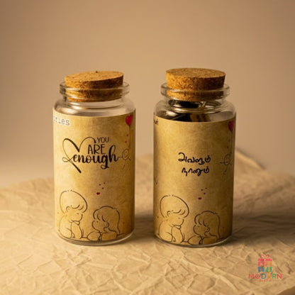 Personalized Bottle of Memories gift set with cork-lid glass bottles and romantic couple illustrations