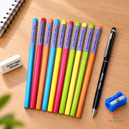 Customized pen and colorful pencil combo set with personalized names for kids and students